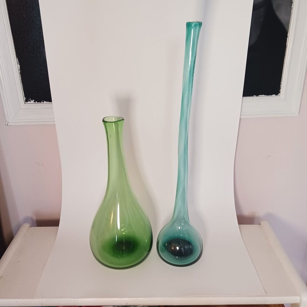 Signed Swung Glass Vases 18.5 Inch Tall and 12 inch Tall Green Blue Vintage